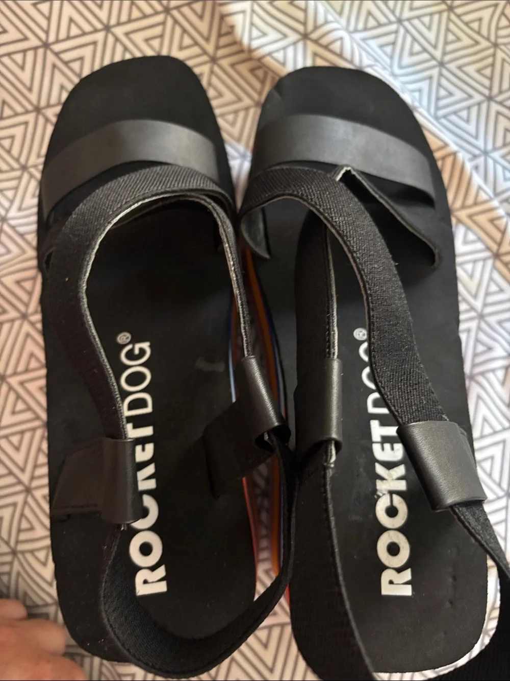 Rocket Dog Black Platform Sandals with Multicolor Rainbow Stripes
